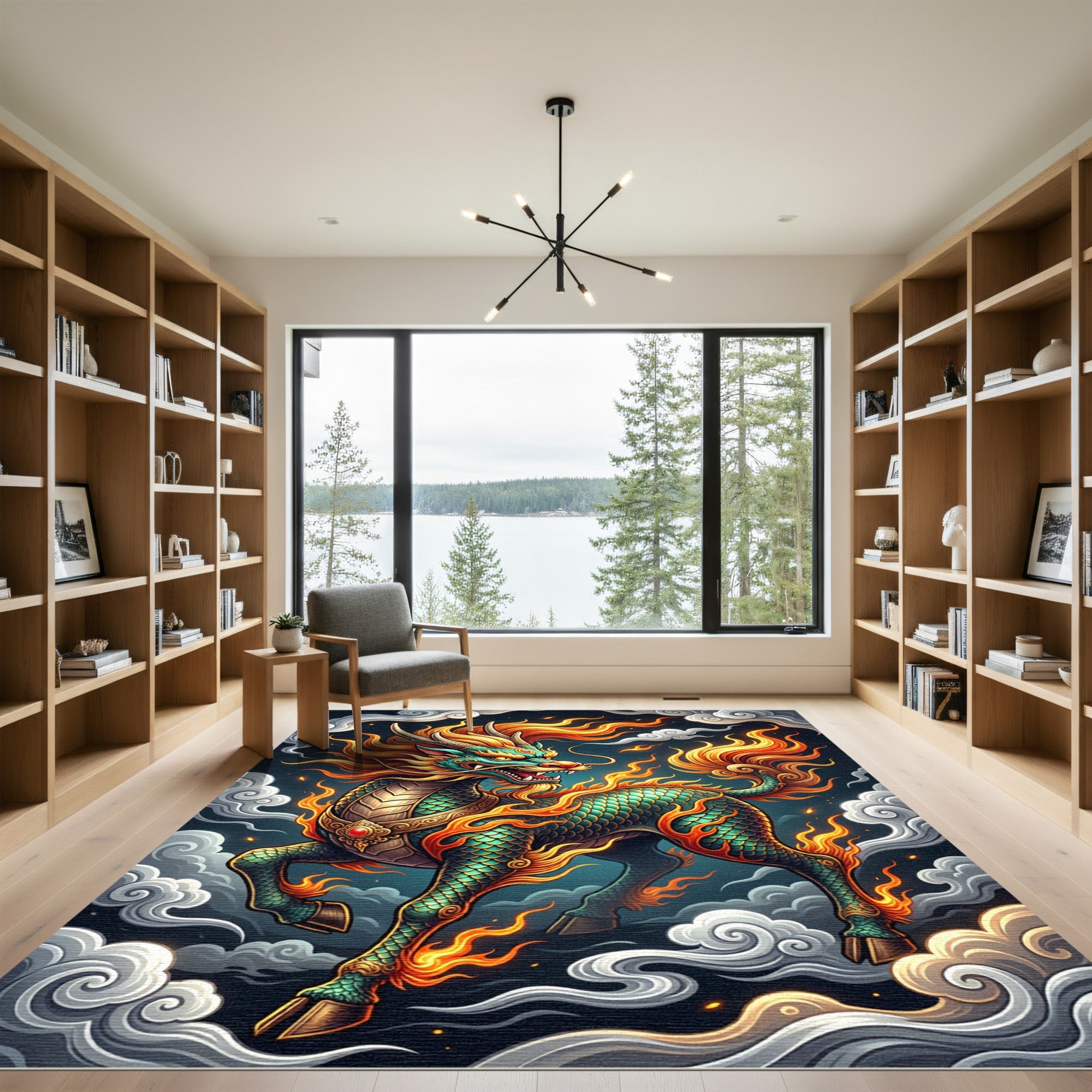 Emerald Mythical Qilin Flaming Dragon Rug