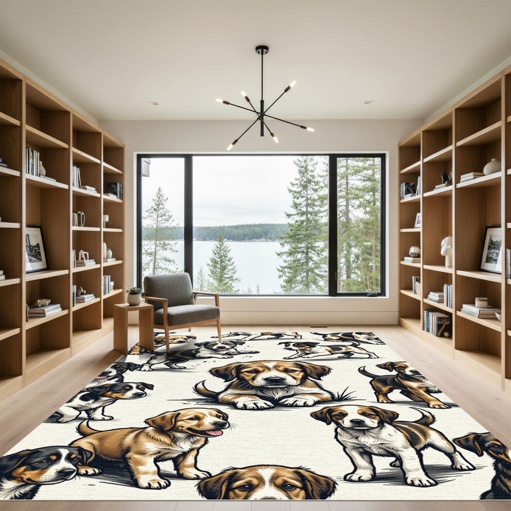 Playful Brown and Black Puppy Patchwork Rug