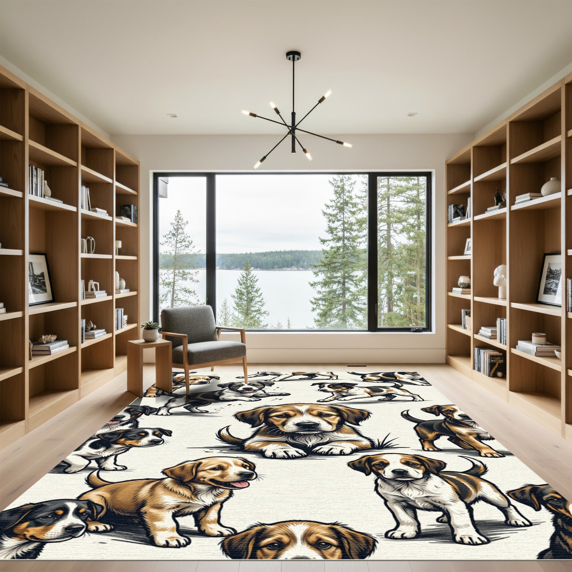 Playful Brown and Black Puppy Patchwork Rug