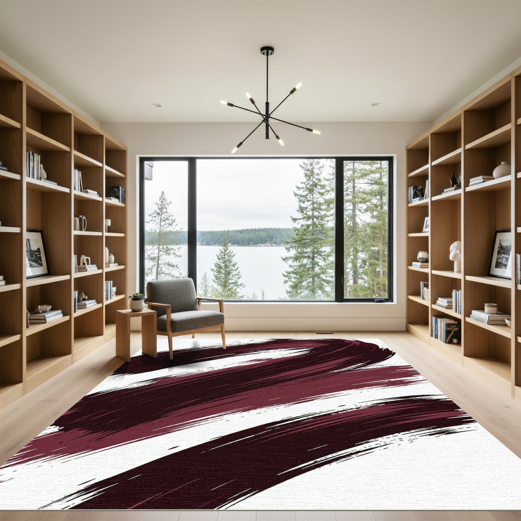 Bold Burgundy Abstract Ink Stroke Rug