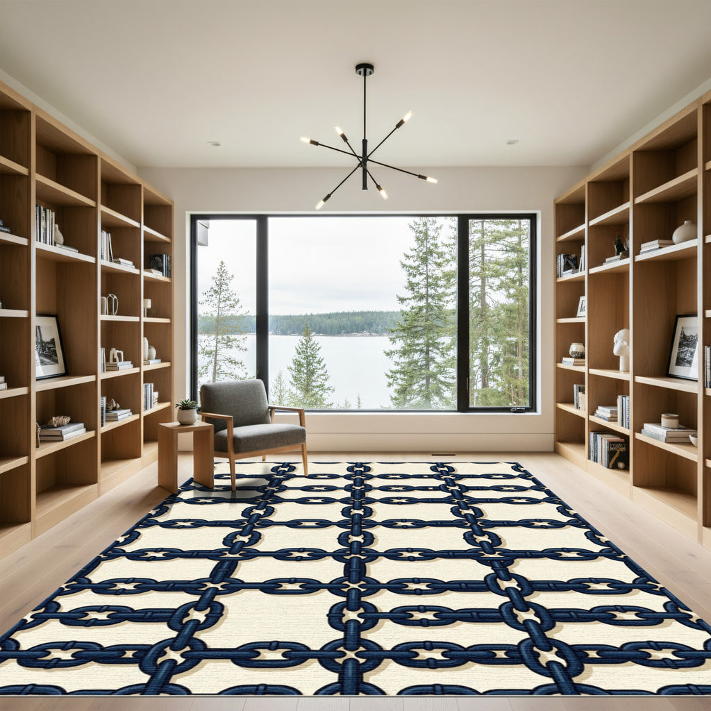 Dark Blue Interlocking Chain Lattice Rug