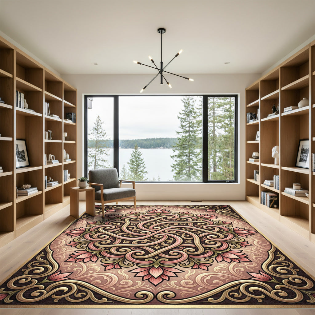 Rose Pink Floral Scrollwork Medallion Rug