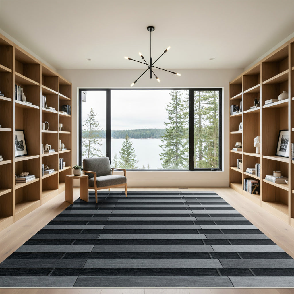 Sophisticated Charcoal Gray Linear Architectural Layered Rug
