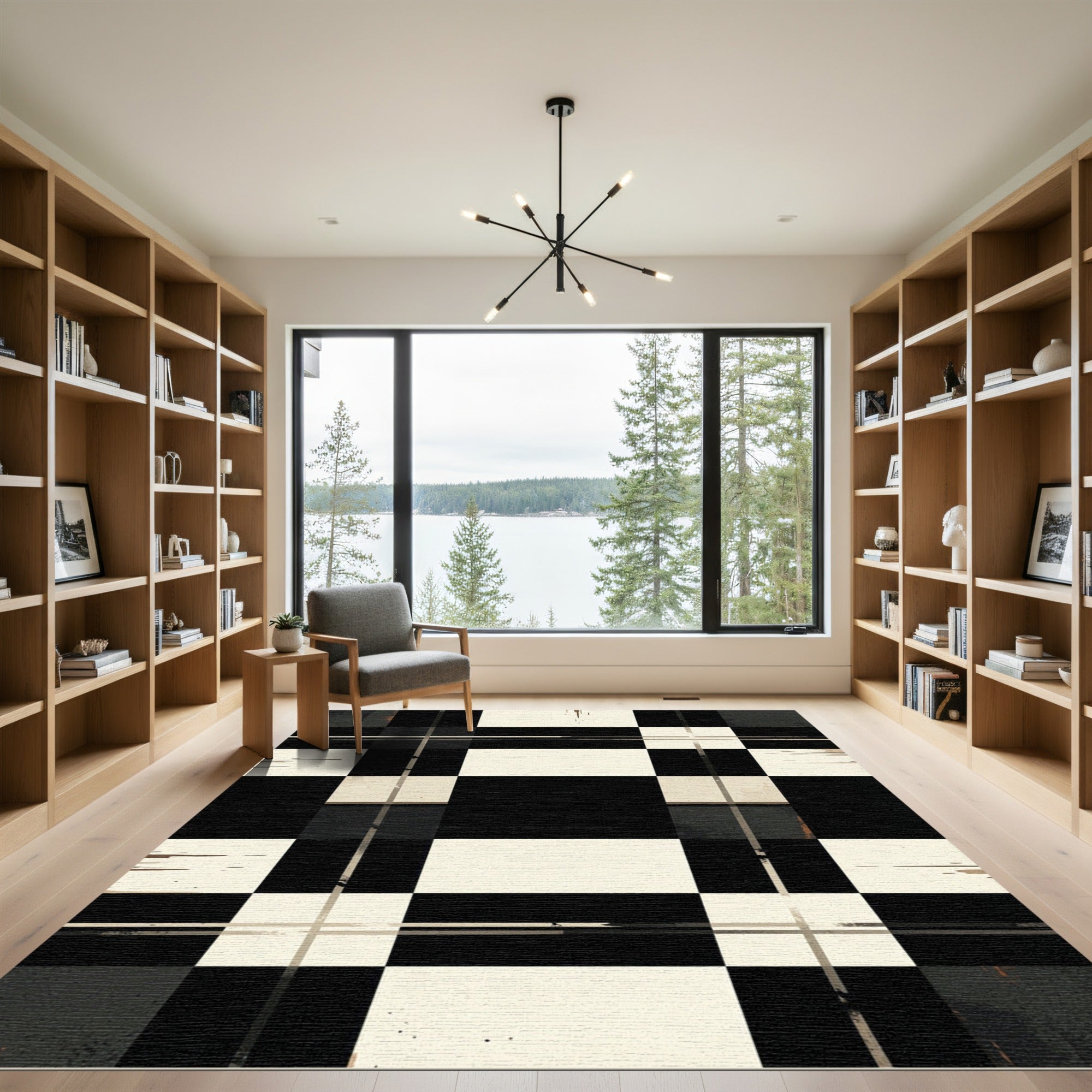 Black Cream Checkered Grunge Plaid Rug