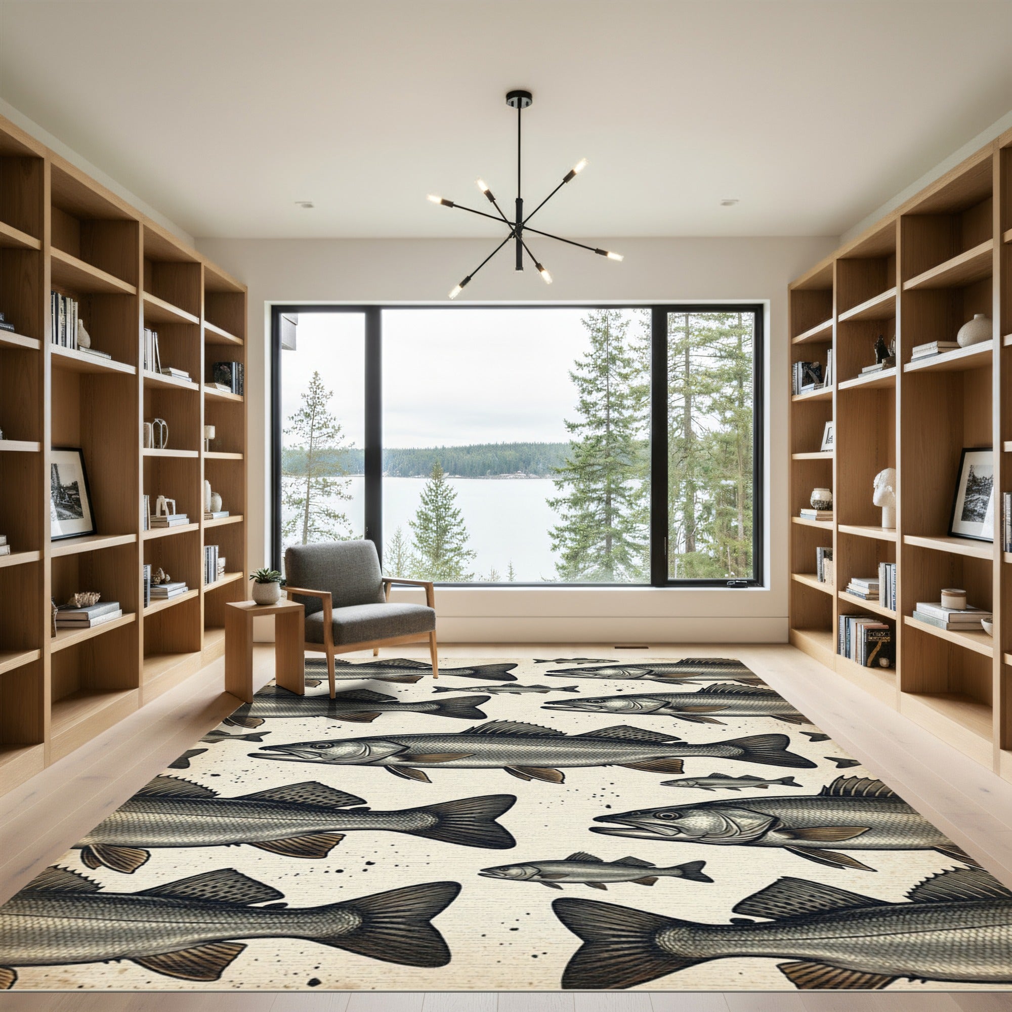 Vintage Engraved Monochrome Fish Collective Rug