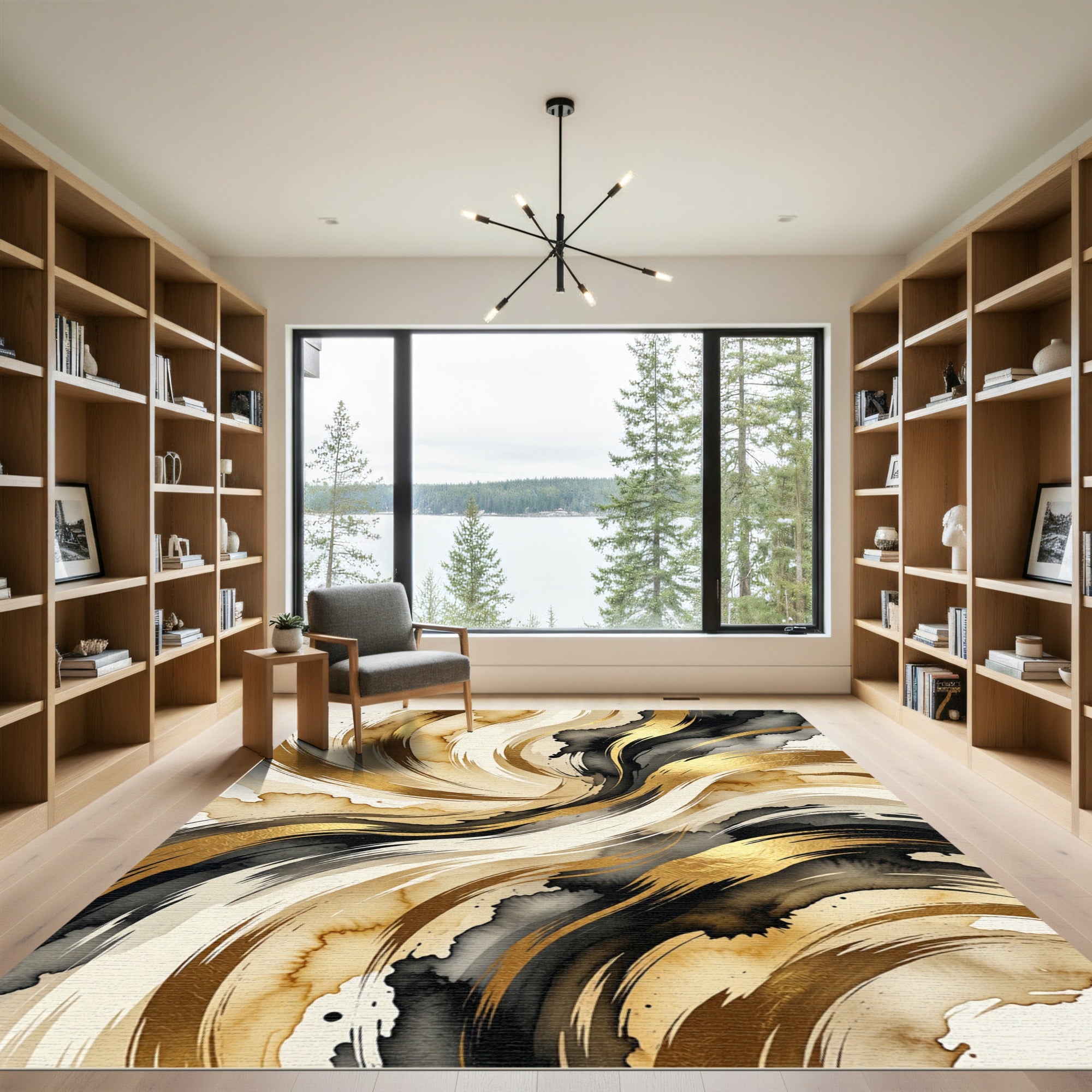 Golden Abstract Swirls Fluid Ink Art Rug