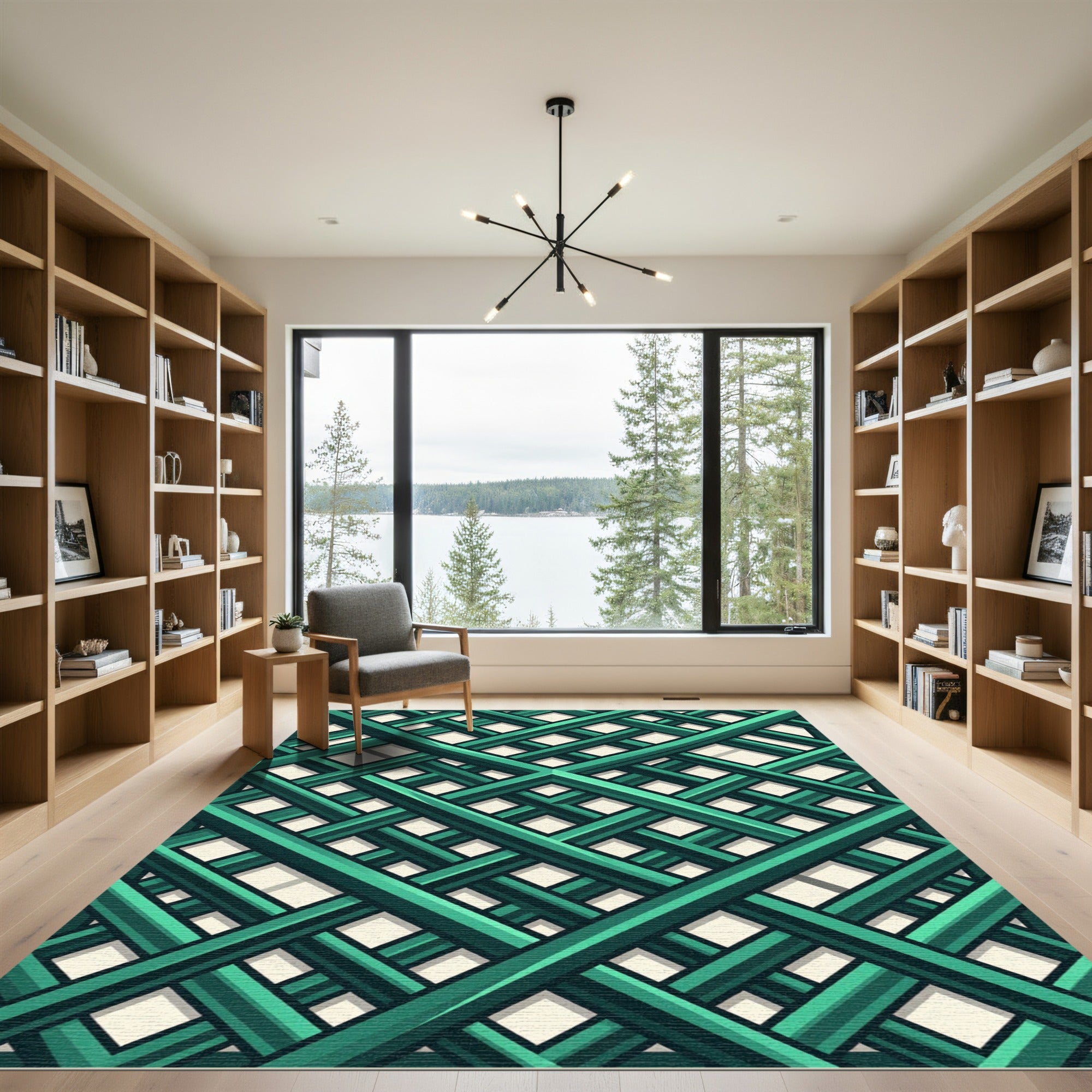 Deep Teal Interlocking Geometric Lattice Rug