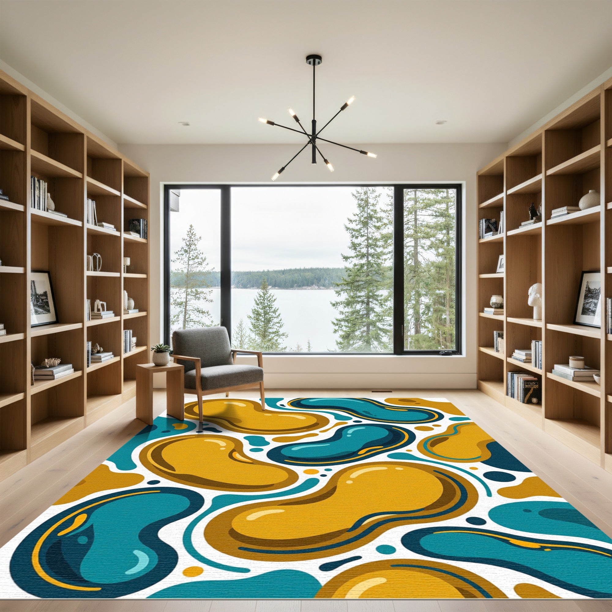 Abstract Teal and Golden Organic Shapes Rug