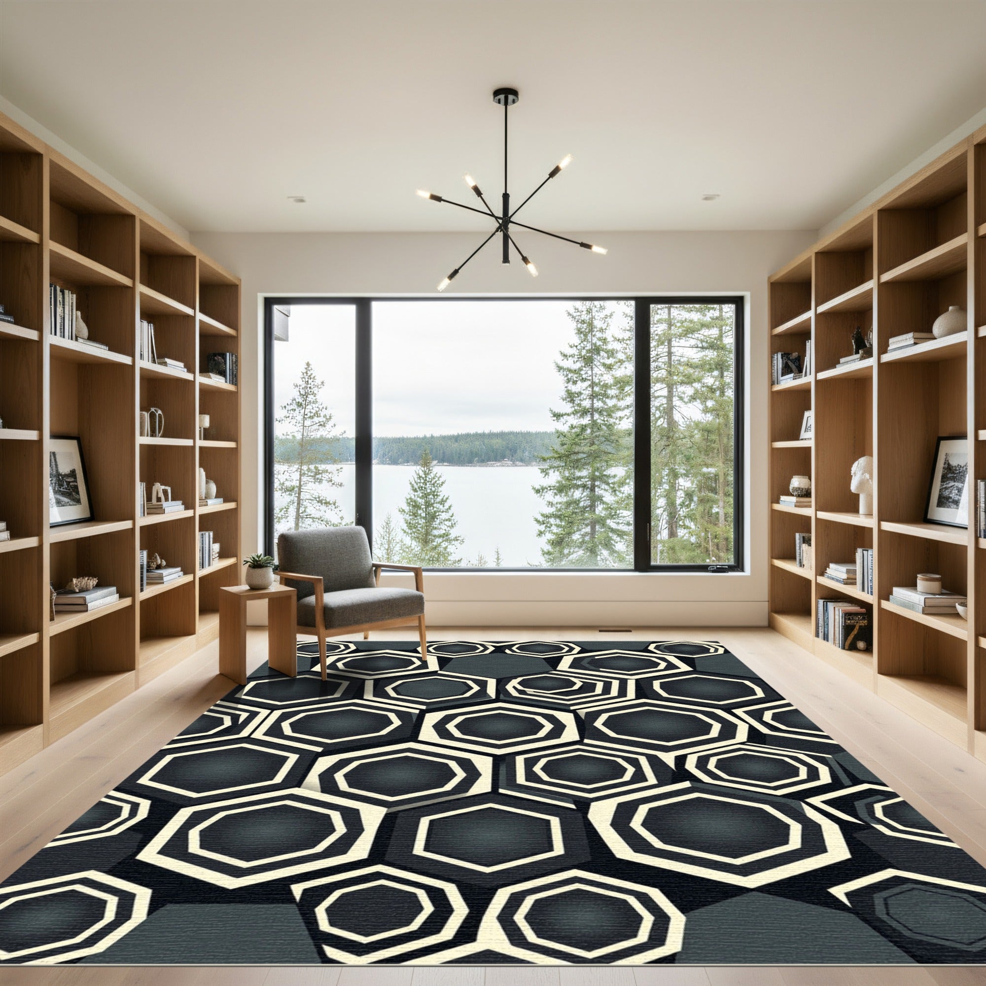 Monochromatic Geometric Hexagon Modern Art Rug