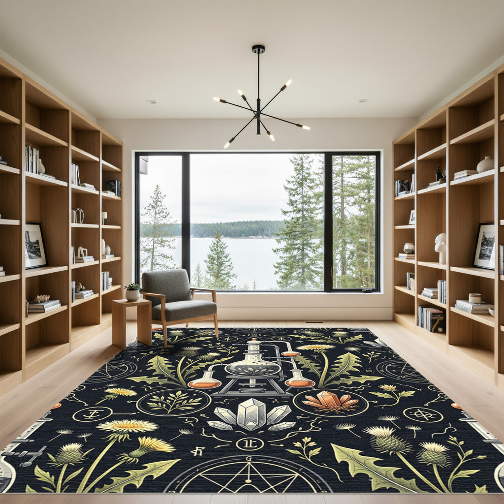 Alchemical Botanical Dandelion and Crystal Illustration Rug