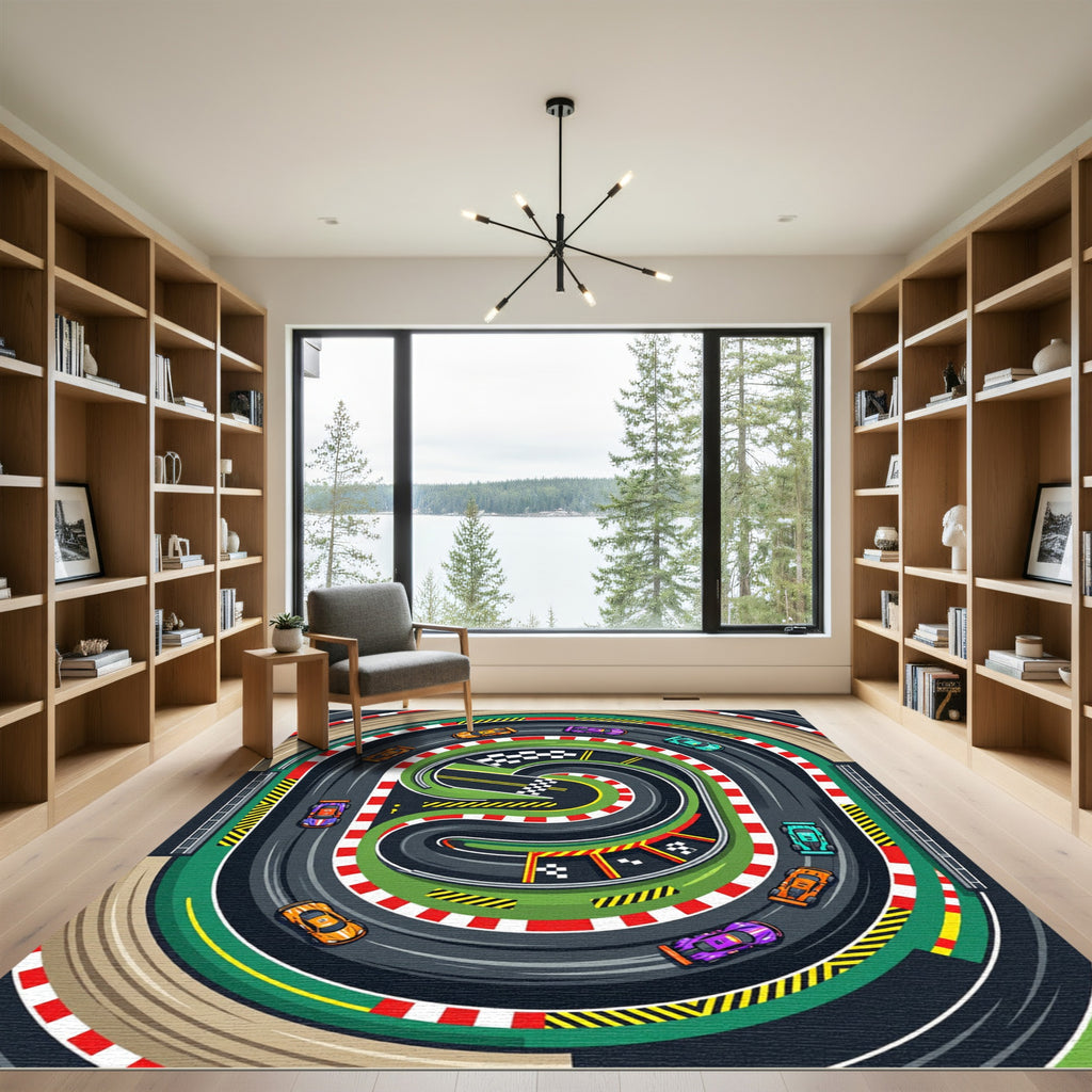 Vibrant Retro Race Car Track Rug
