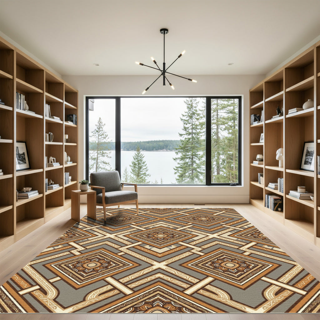 Terracotta Cream Geometric Diamond Medallion Rug