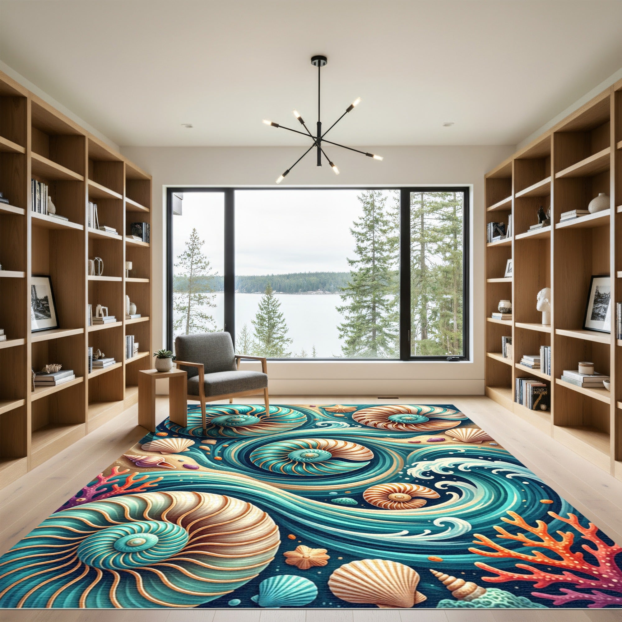 Coastal Teal Seashell Swirl Illustration Rug