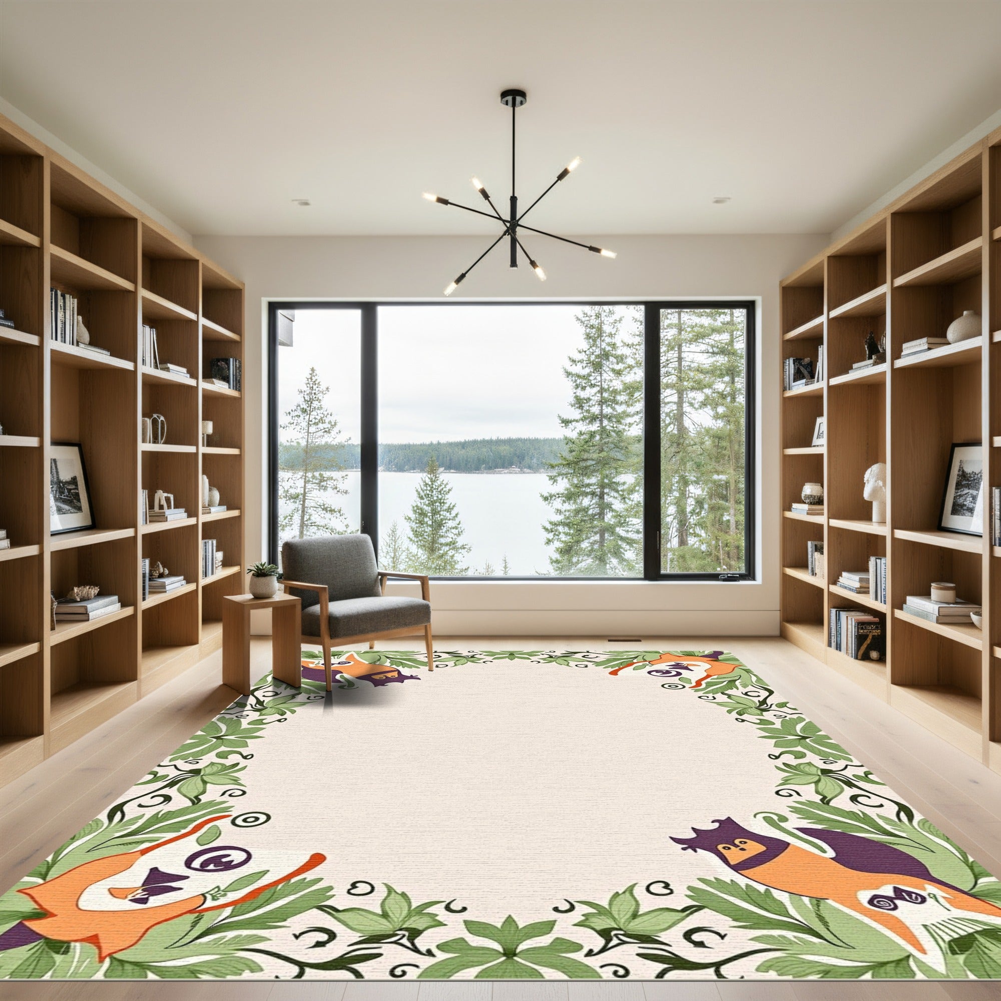 Whimsical Orange Bat Foliage Frame Rug
