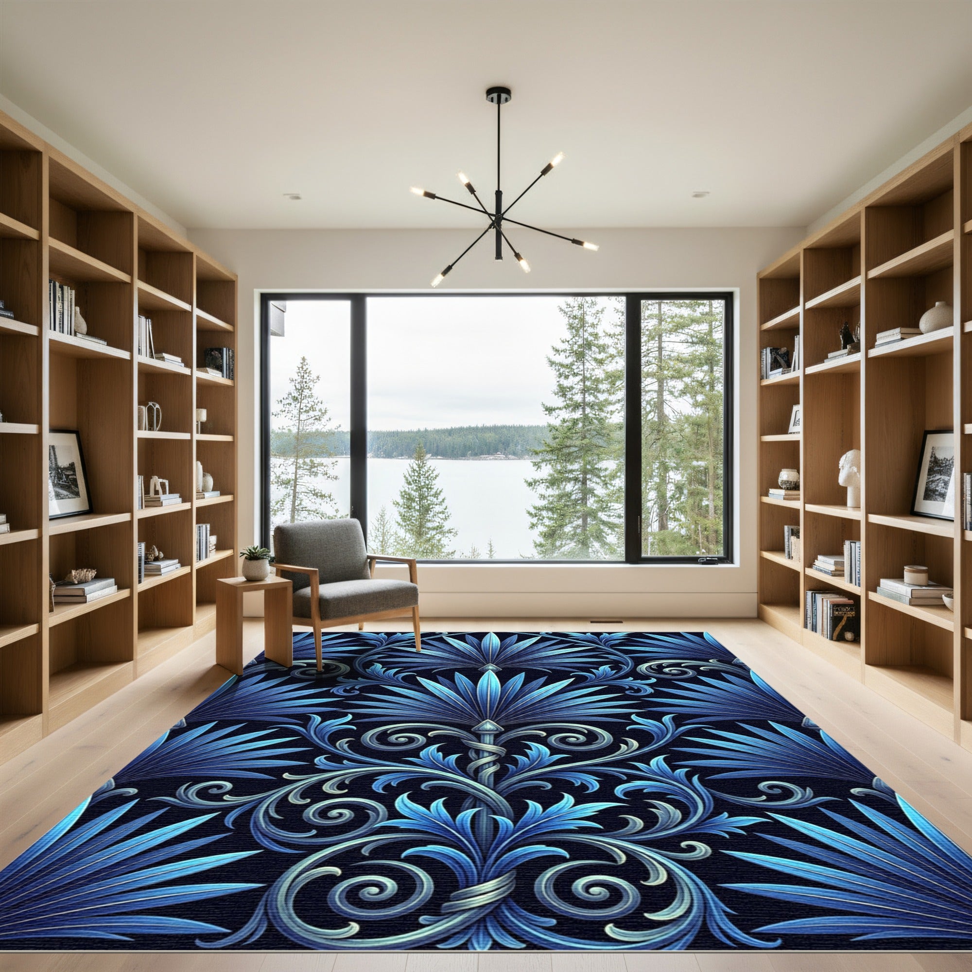 Ombre Blue Exotic Botanical Scroll Rug