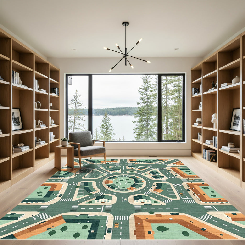 Modern Geometric Urban City Block Grid Rug