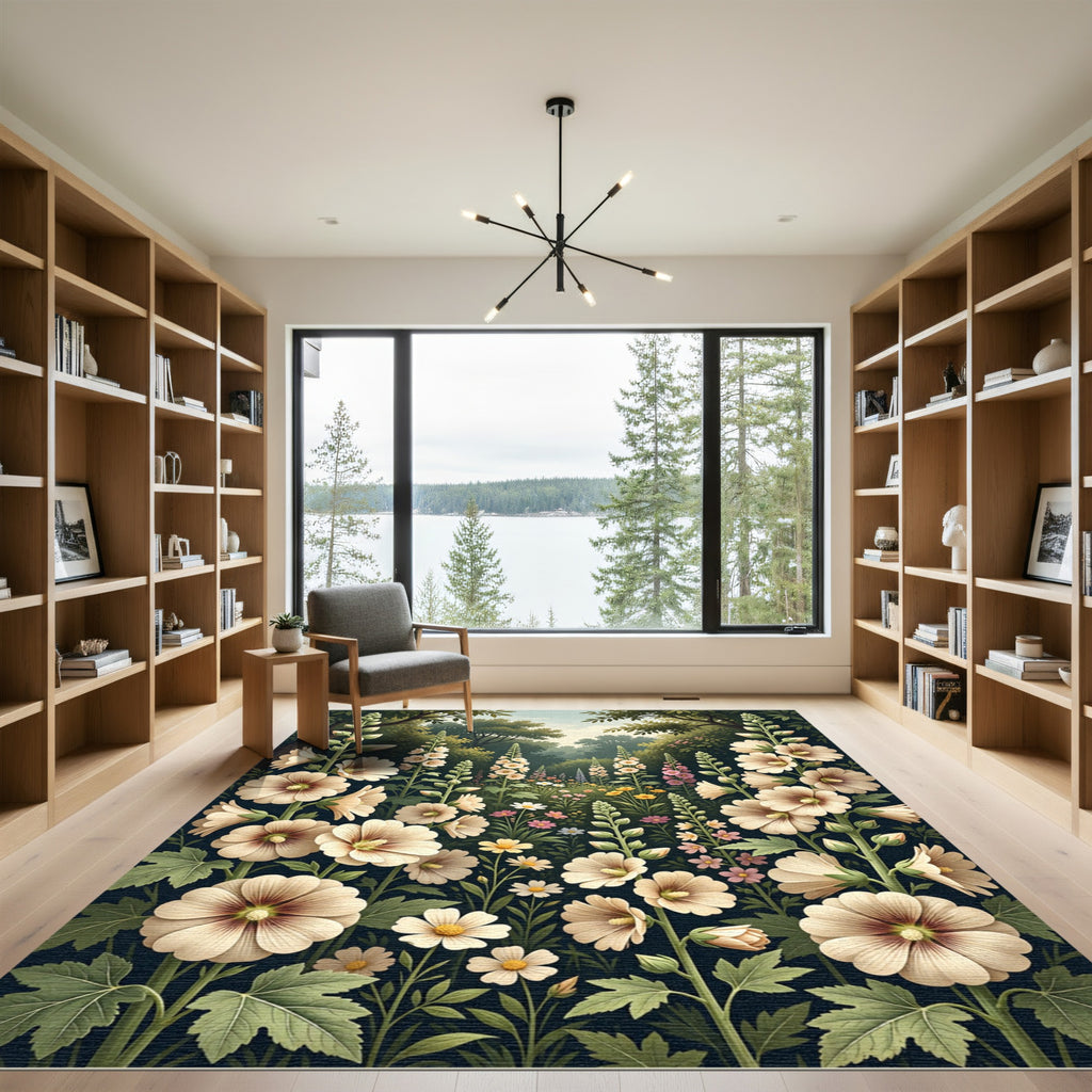 Cream Hollyhock Floral Garden Meadow Rug