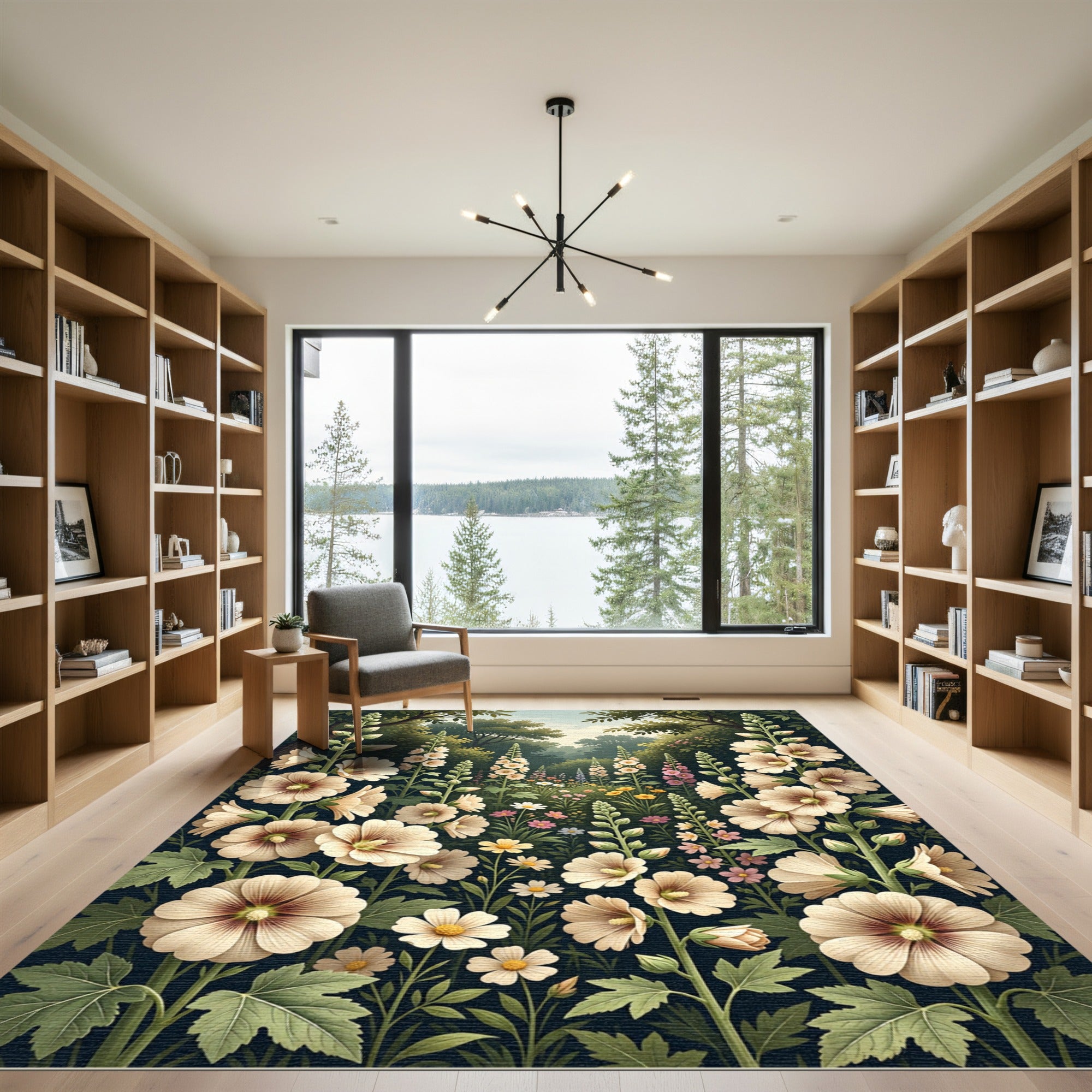 Cream Hollyhock Floral Garden Meadow Rug