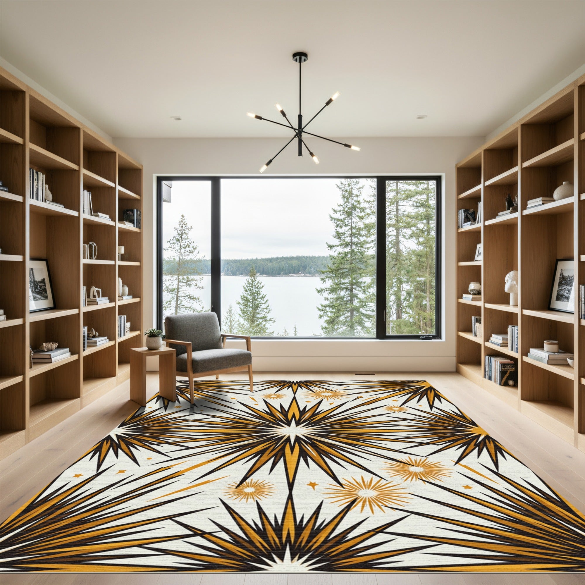 Celestial Golden Starburst Mid Century Rug