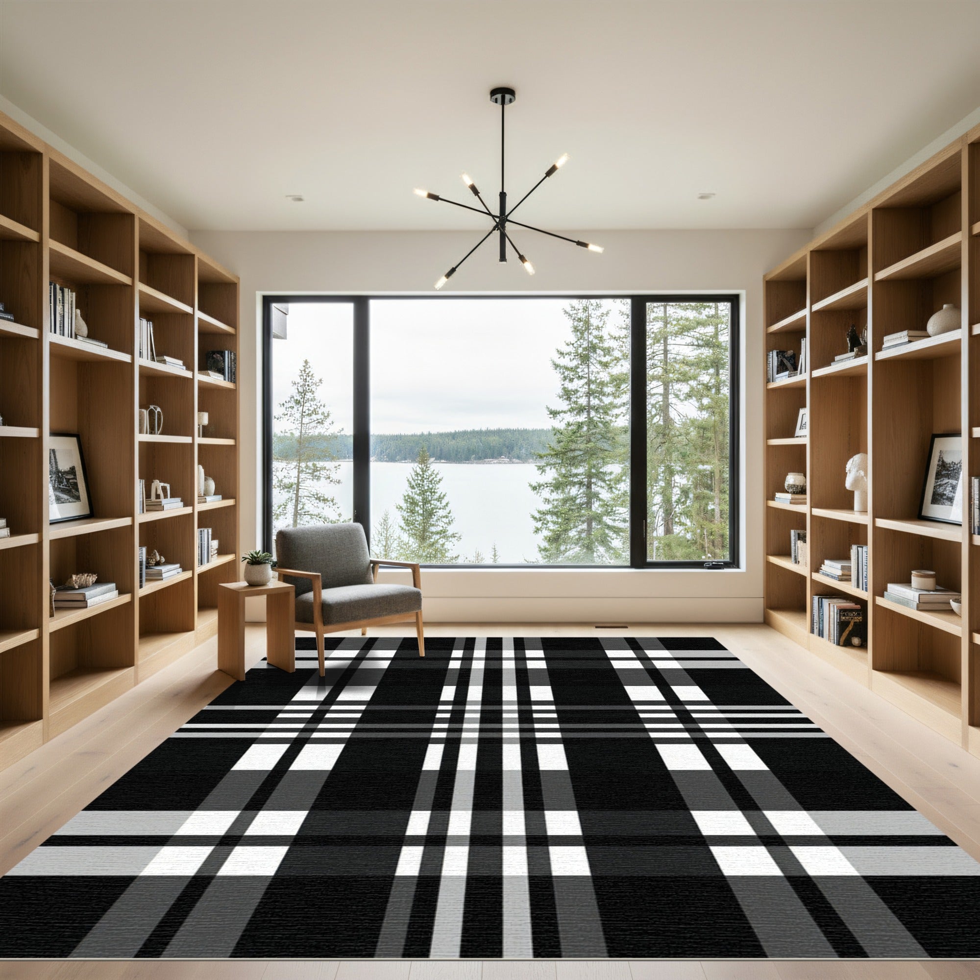 Classic Black White Plaid Stripes Rug