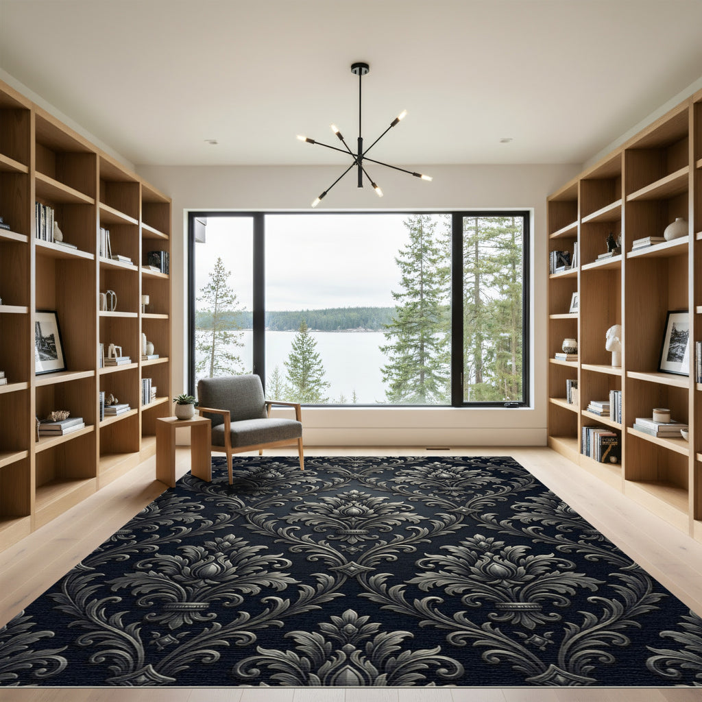Ornate Shadow Scrollwork Damask Rug