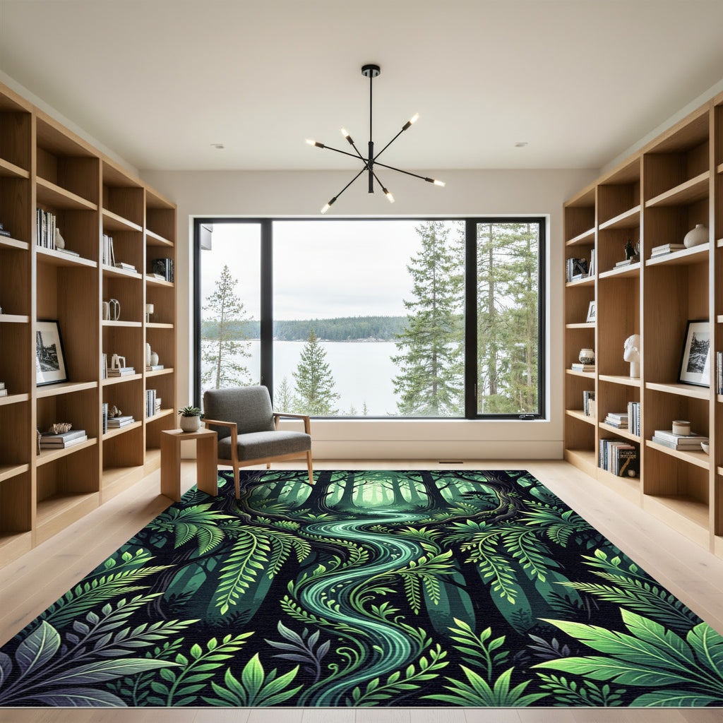 Lush Emerald Forest Stream Silhouette Rug