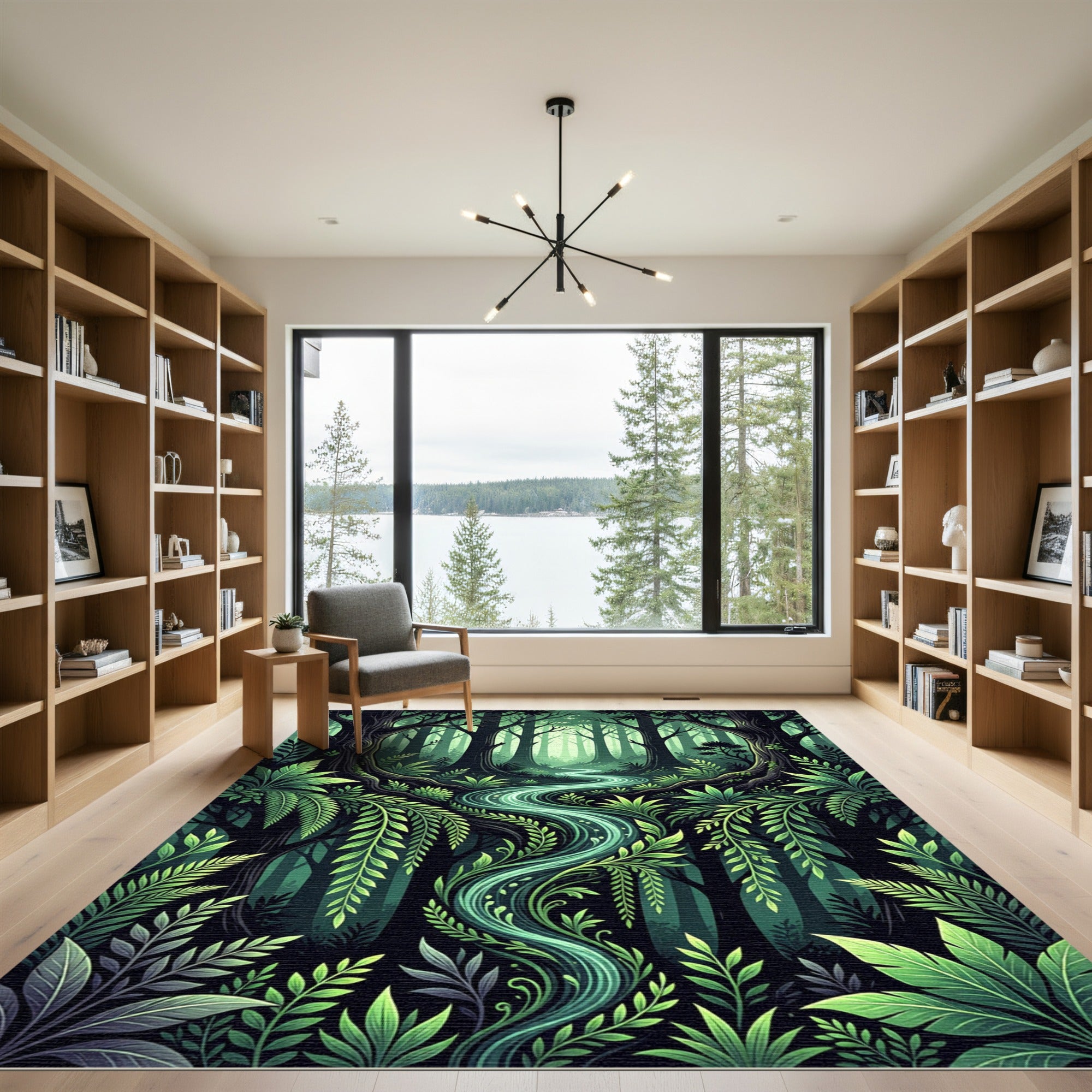 Lush Emerald Forest Stream Silhouette Rug