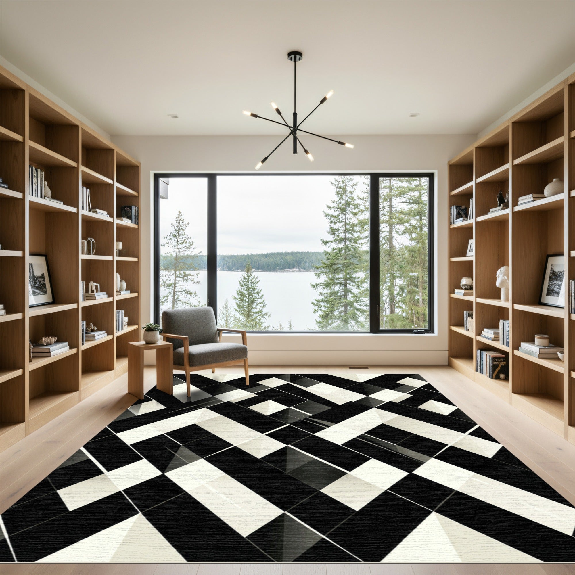 Black White Geometric Intersecting Angles Rug