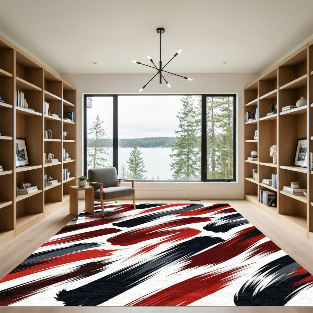 Bold Crimson and Charcoal Abstract Brushstroke Rug