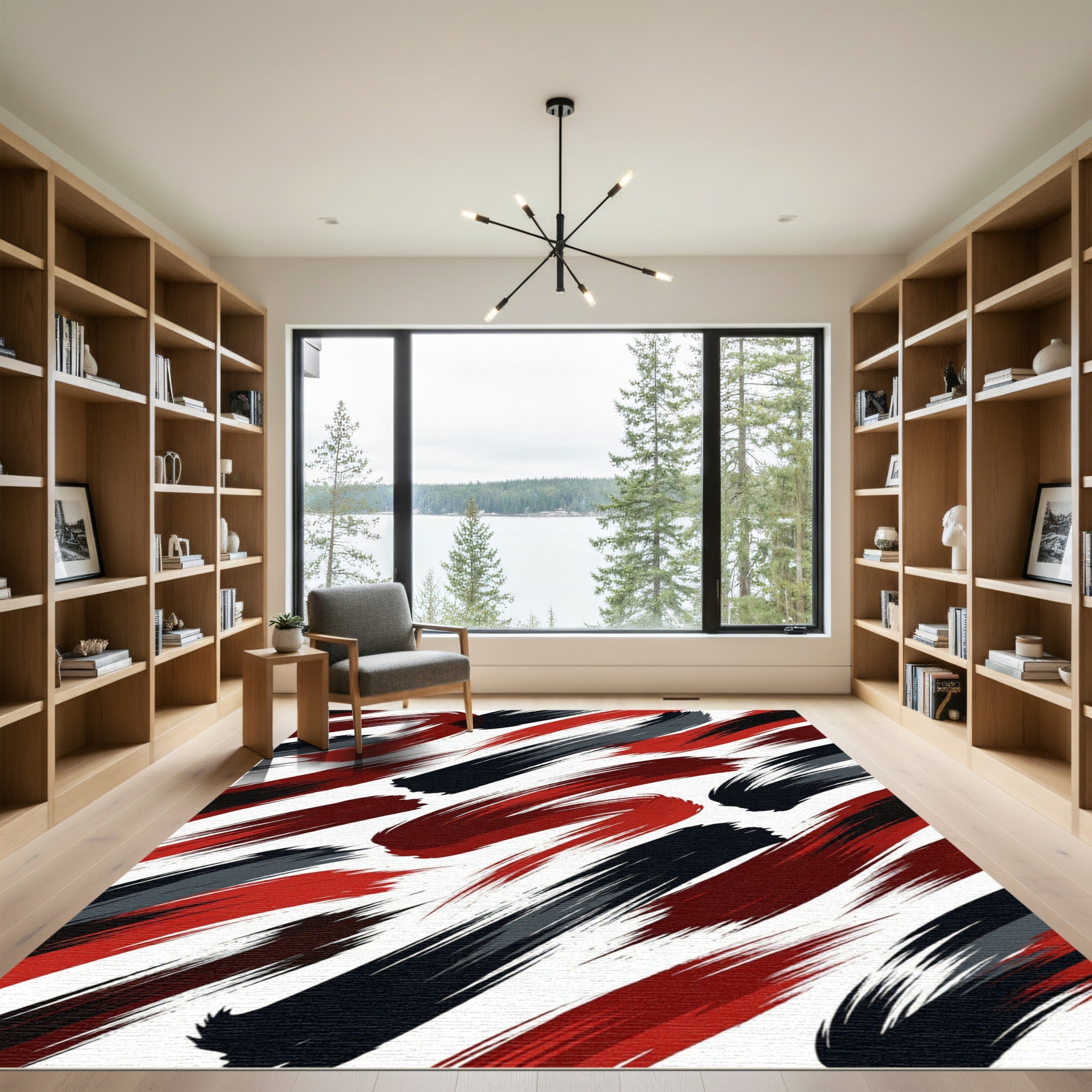 Bold Crimson and Charcoal Abstract Brushstroke Rug