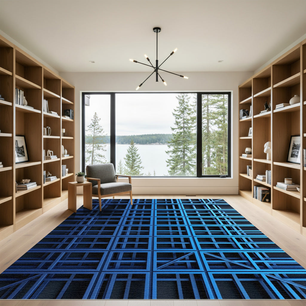 Bright Blue Geometric Shadow Grid Rug