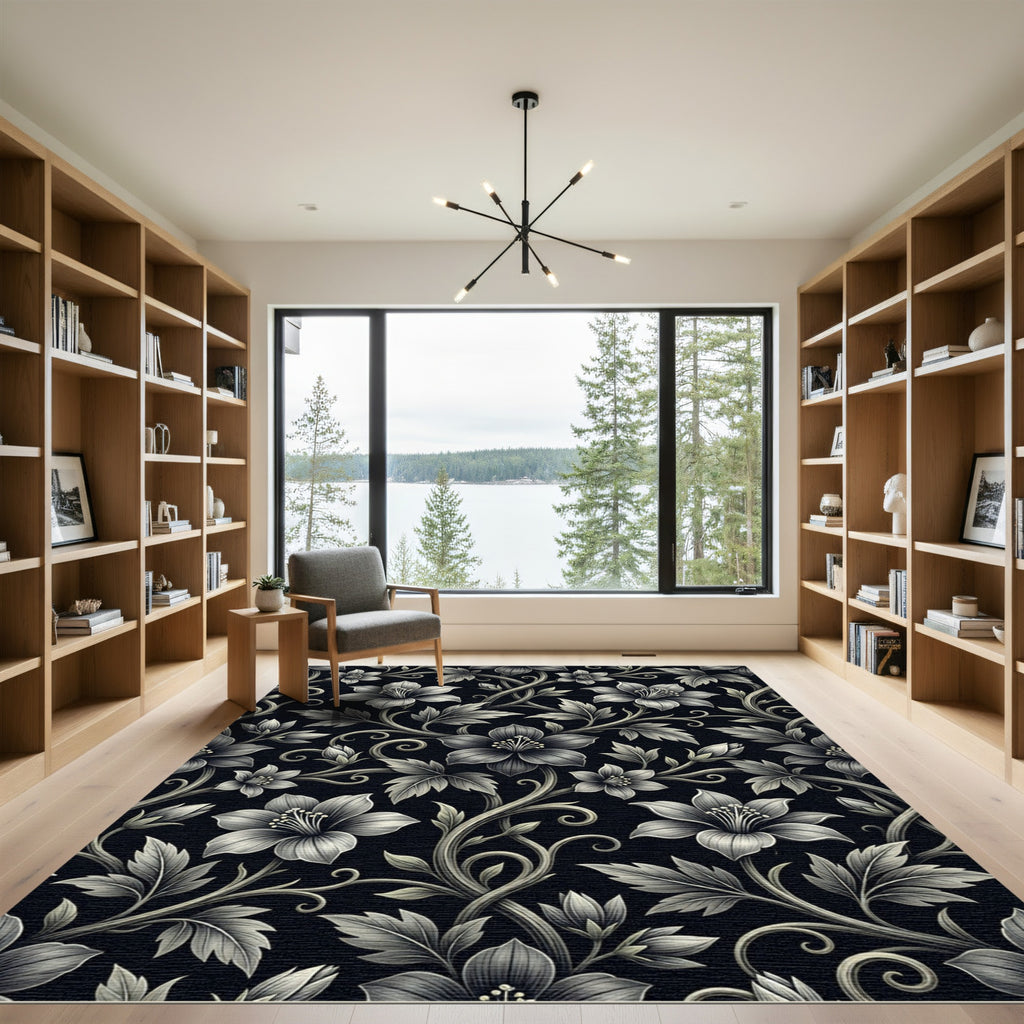 Monochromatic Floral Scroll Garden Rug