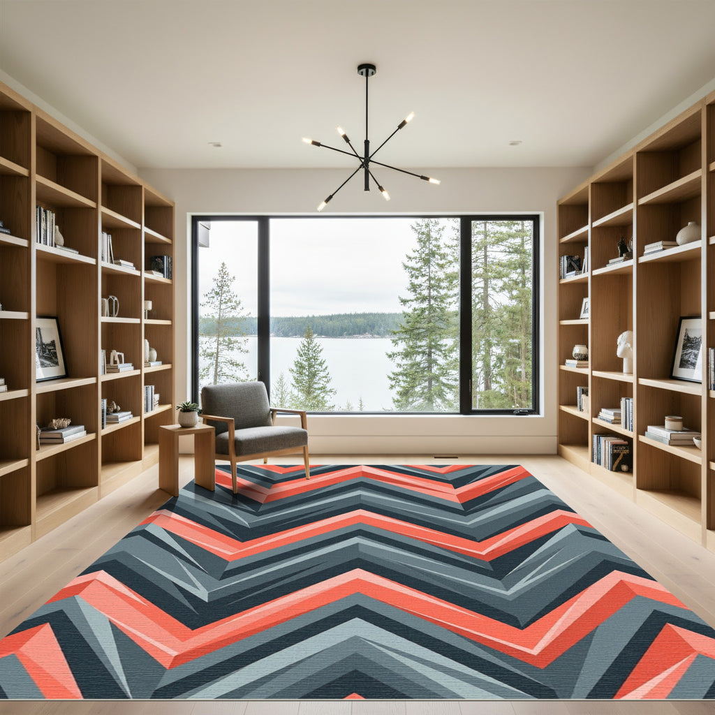 Geometric Coral and Slate Chevron Rug
