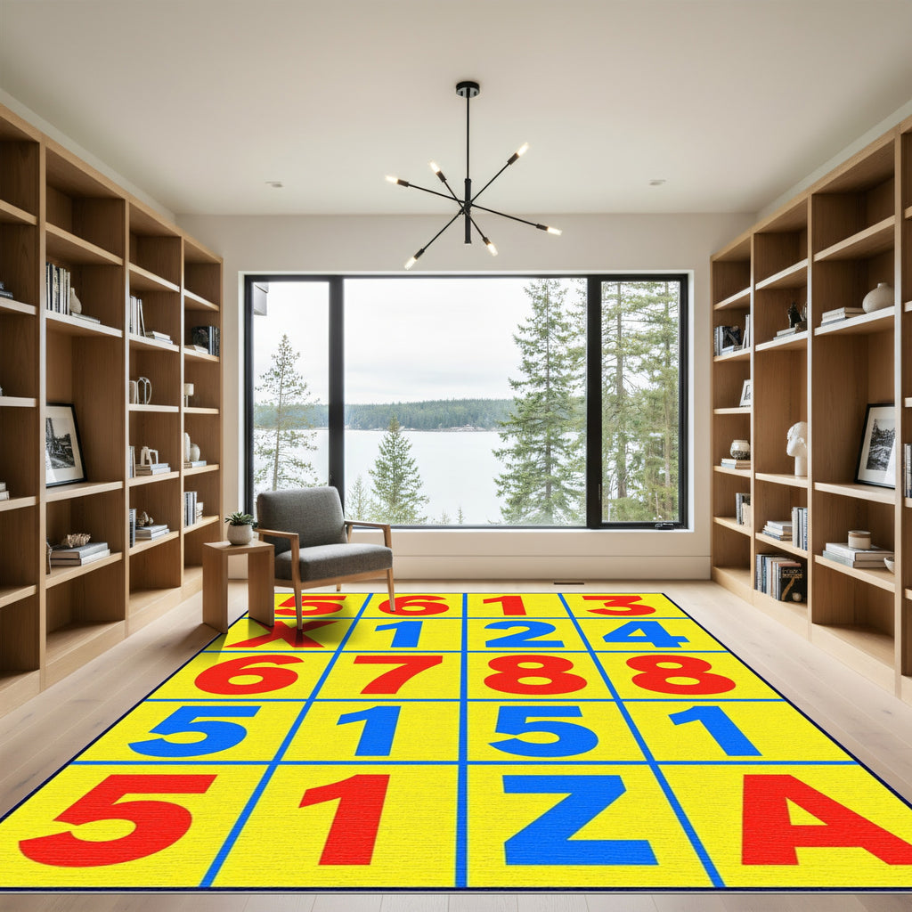 Bold Yellow Red Blue Number Grid Rug