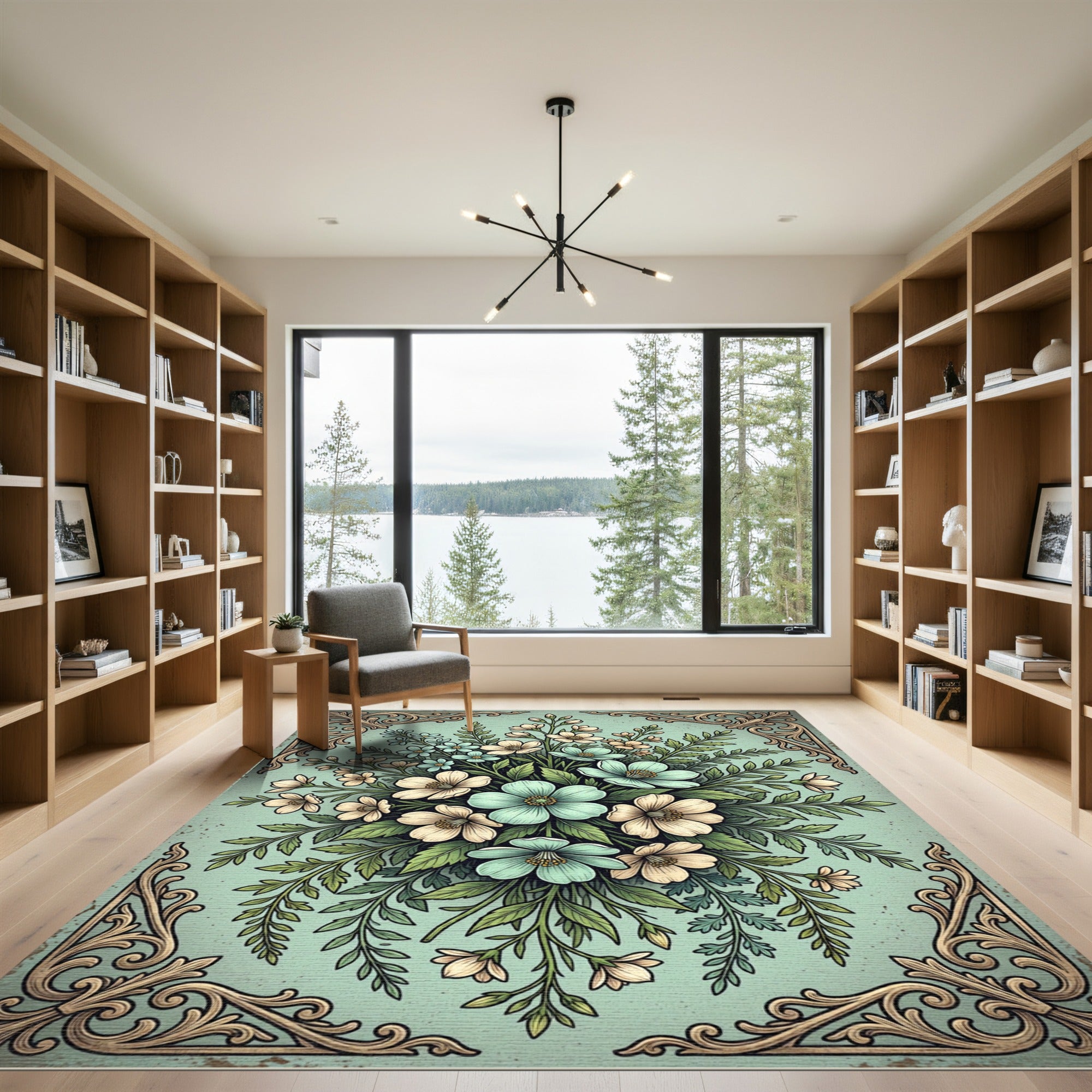 Vintage Aqua Floral Bouquet Illustration Rug