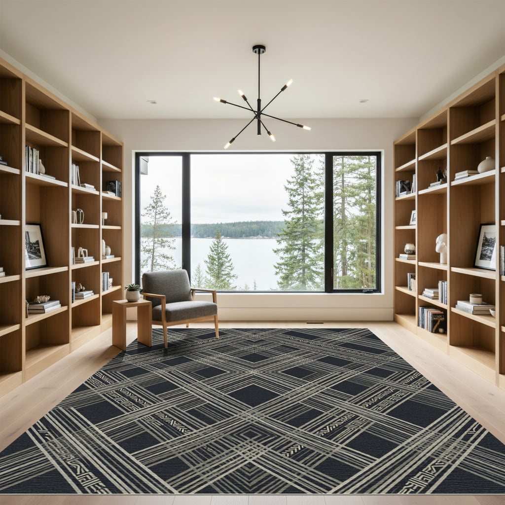 Art Deco Black and Gold Geometric Grid Rug