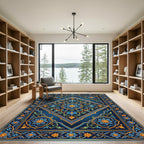 Royal Blue Golden Floral Diamond Medallion Rug