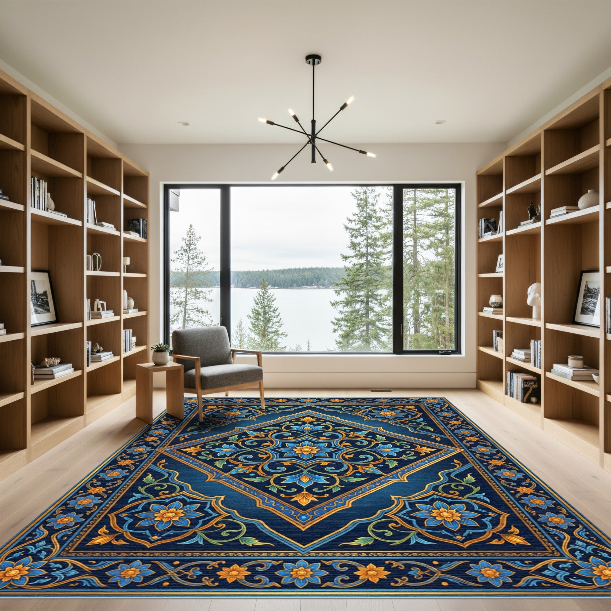 Royal Blue Golden Floral Diamond Medallion Rug