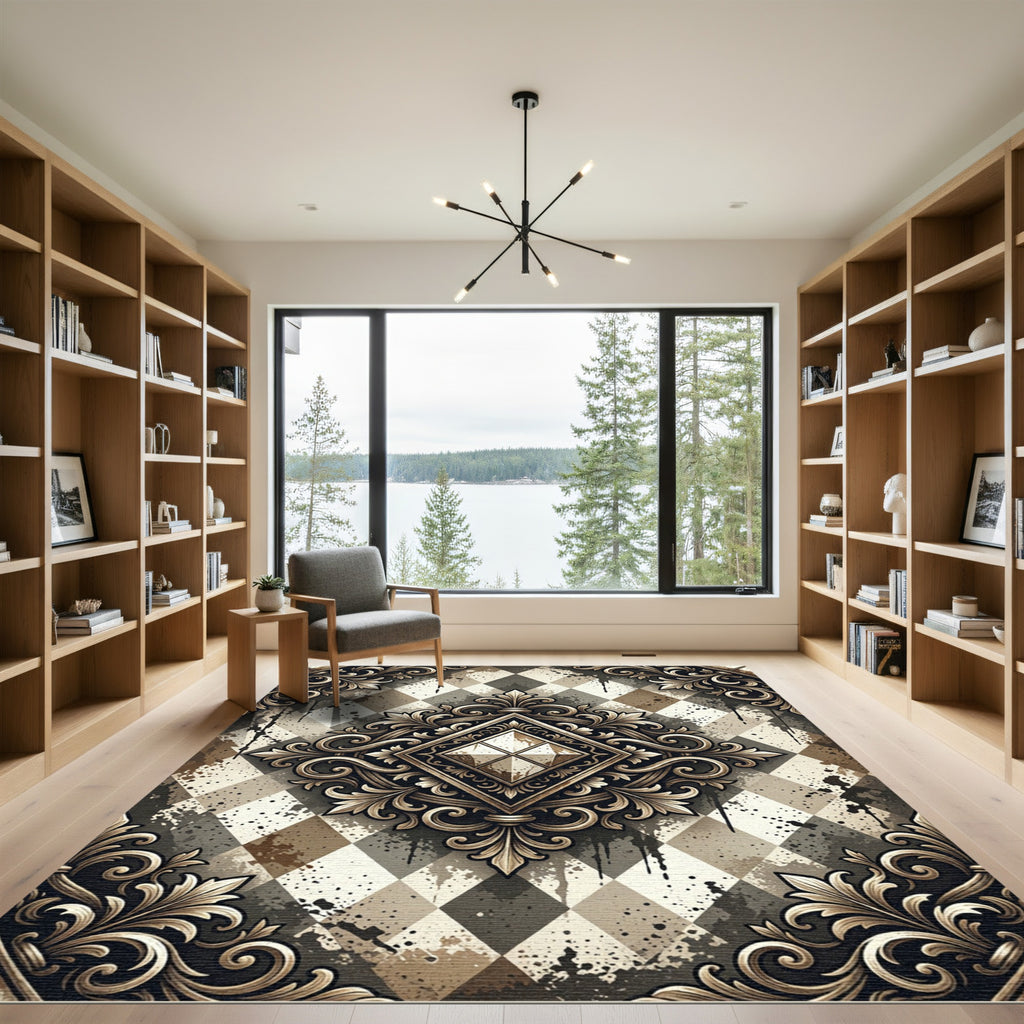 Ornate Gold Diamond Argyle Splatter Rug