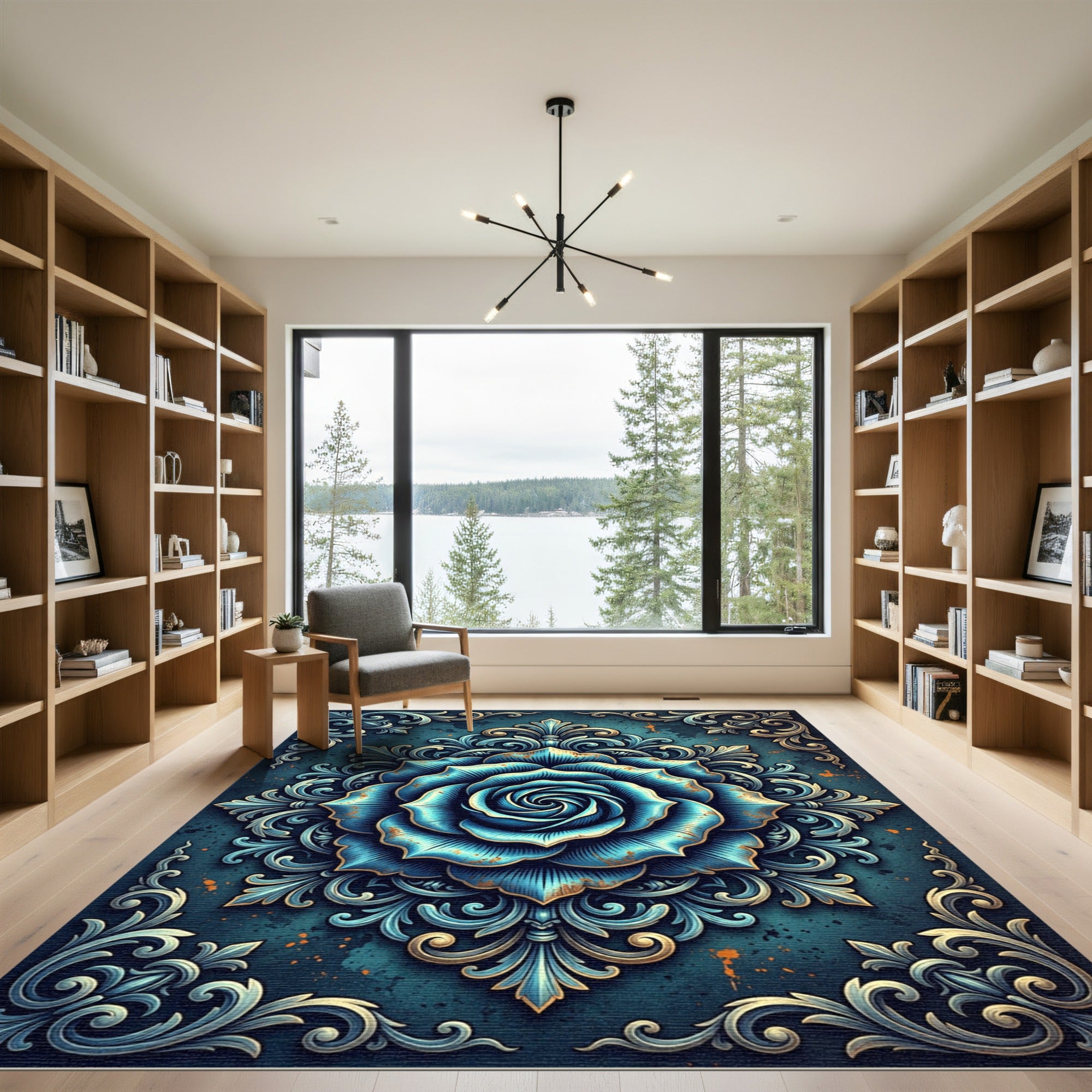 Aqua Blue Floral Medallion Brocade Rug