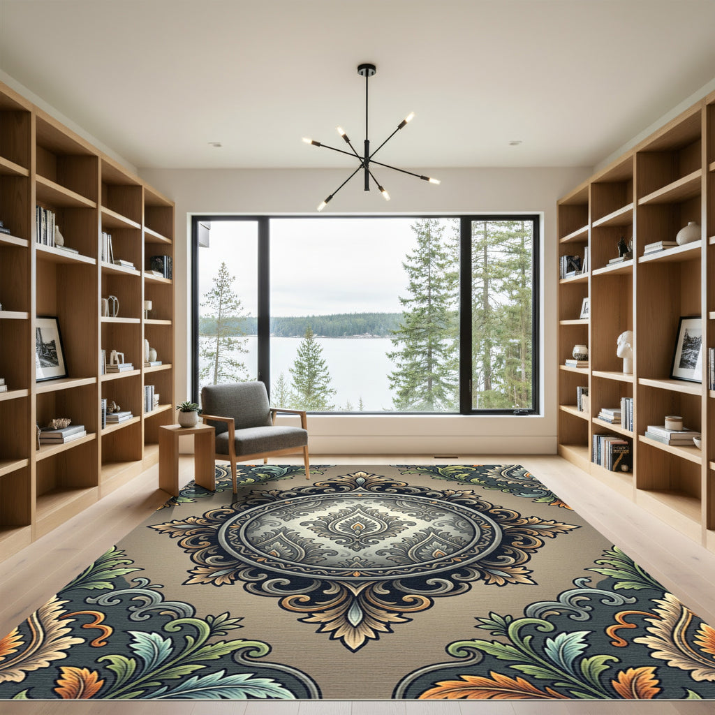 Antique Gold Green Floral Medallion Rug