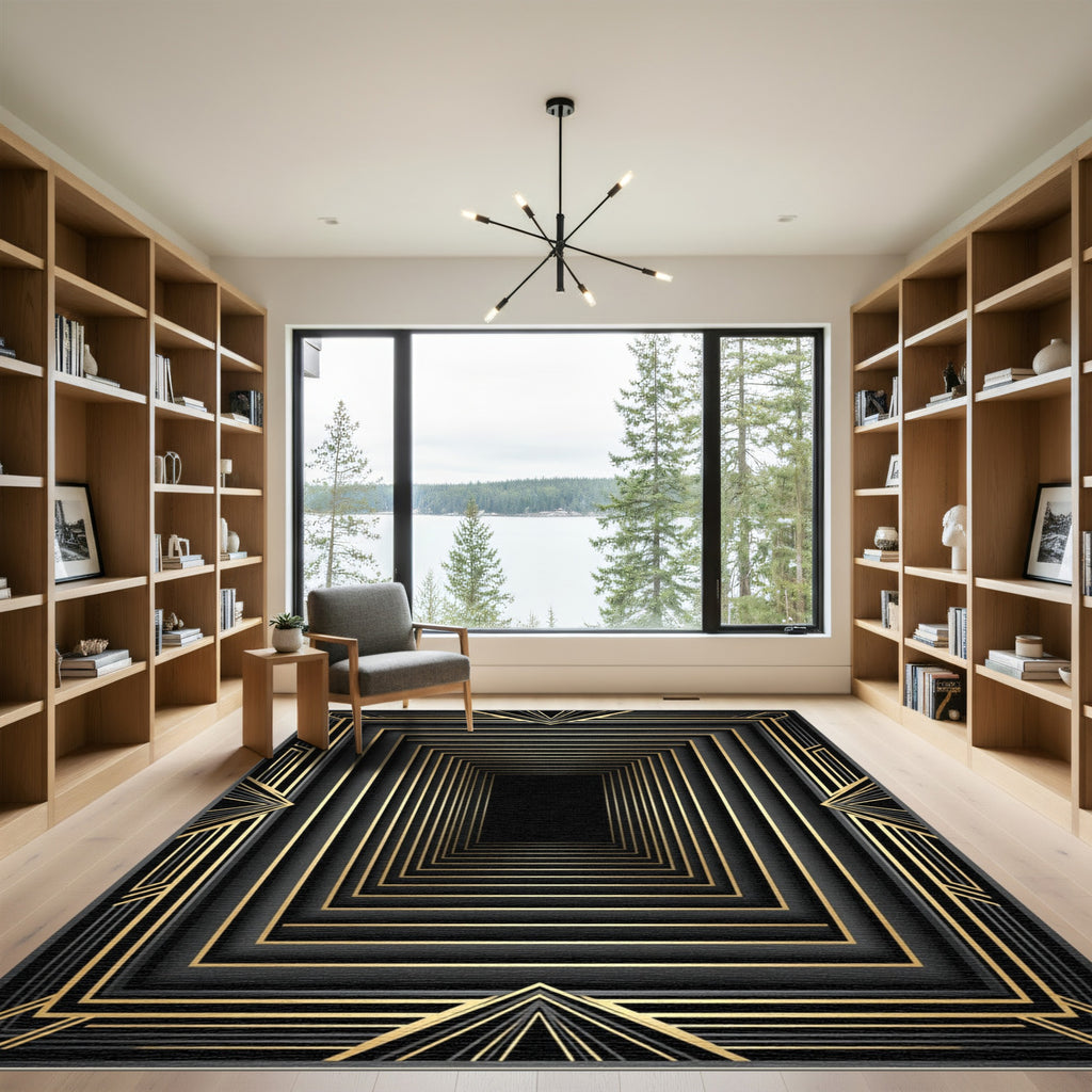 Modern Gold Black Geometric Tunnel Rug