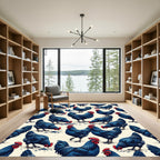 Elegant Indigo Rooster Farmyard Illustration Rug