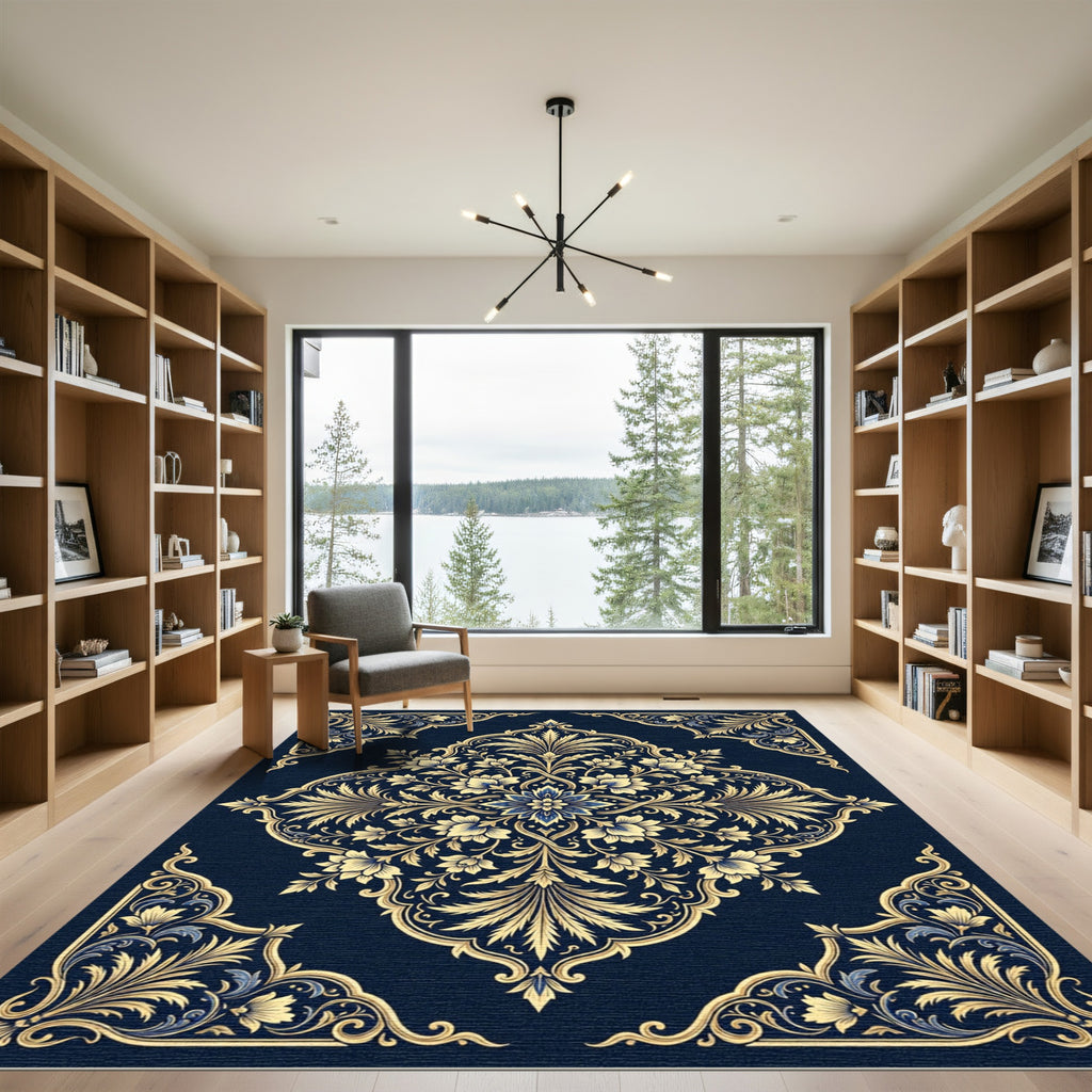 Elegant Navy Blue Golden Floral Medallion Rug