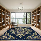 Elegant Navy Blue Golden Floral Medallion Rug