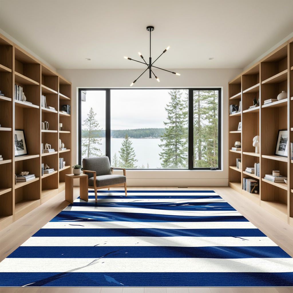 Contemporary Navy Blue Abstract Stripe Rug