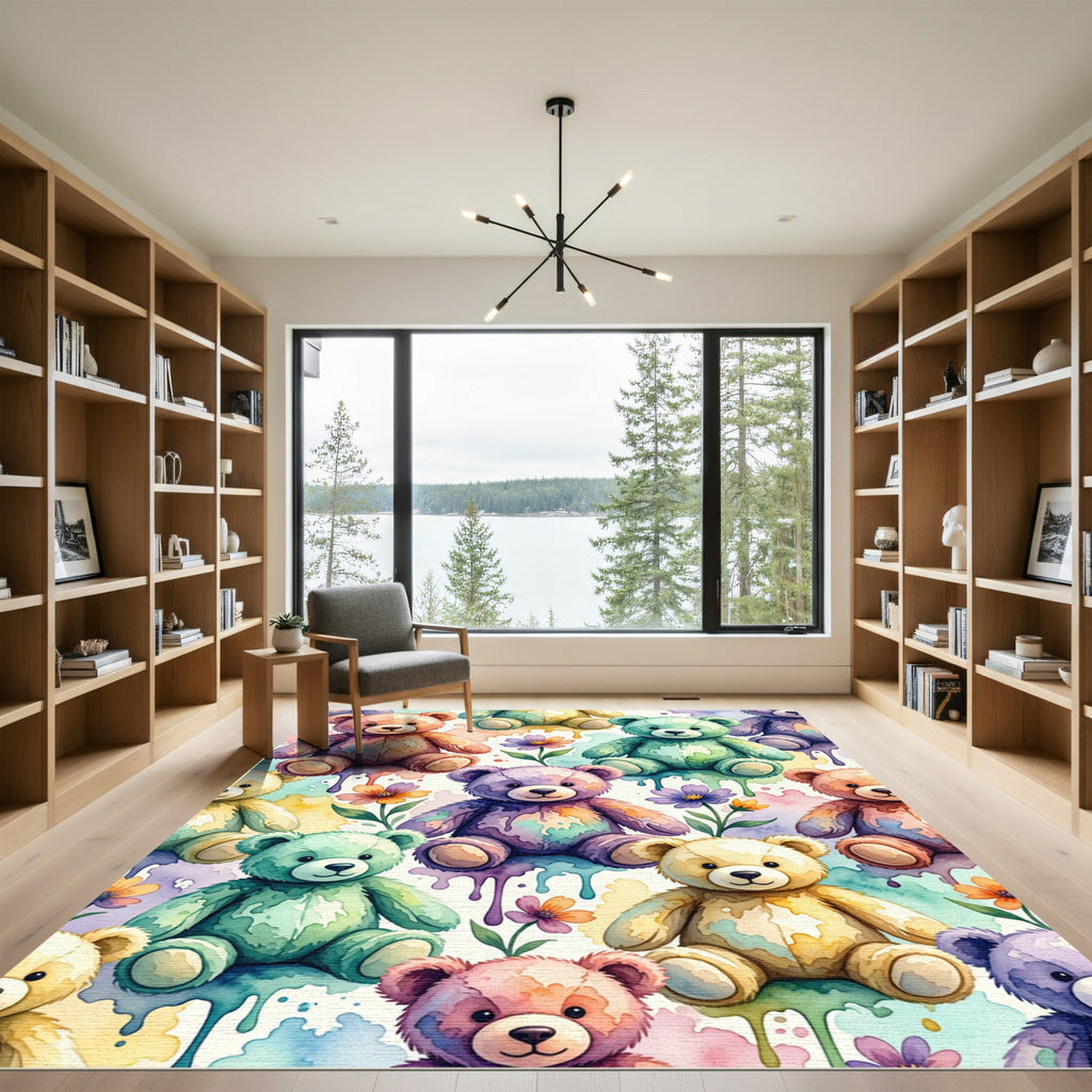 Watercolor Teddy Bear and Flower Field Rug