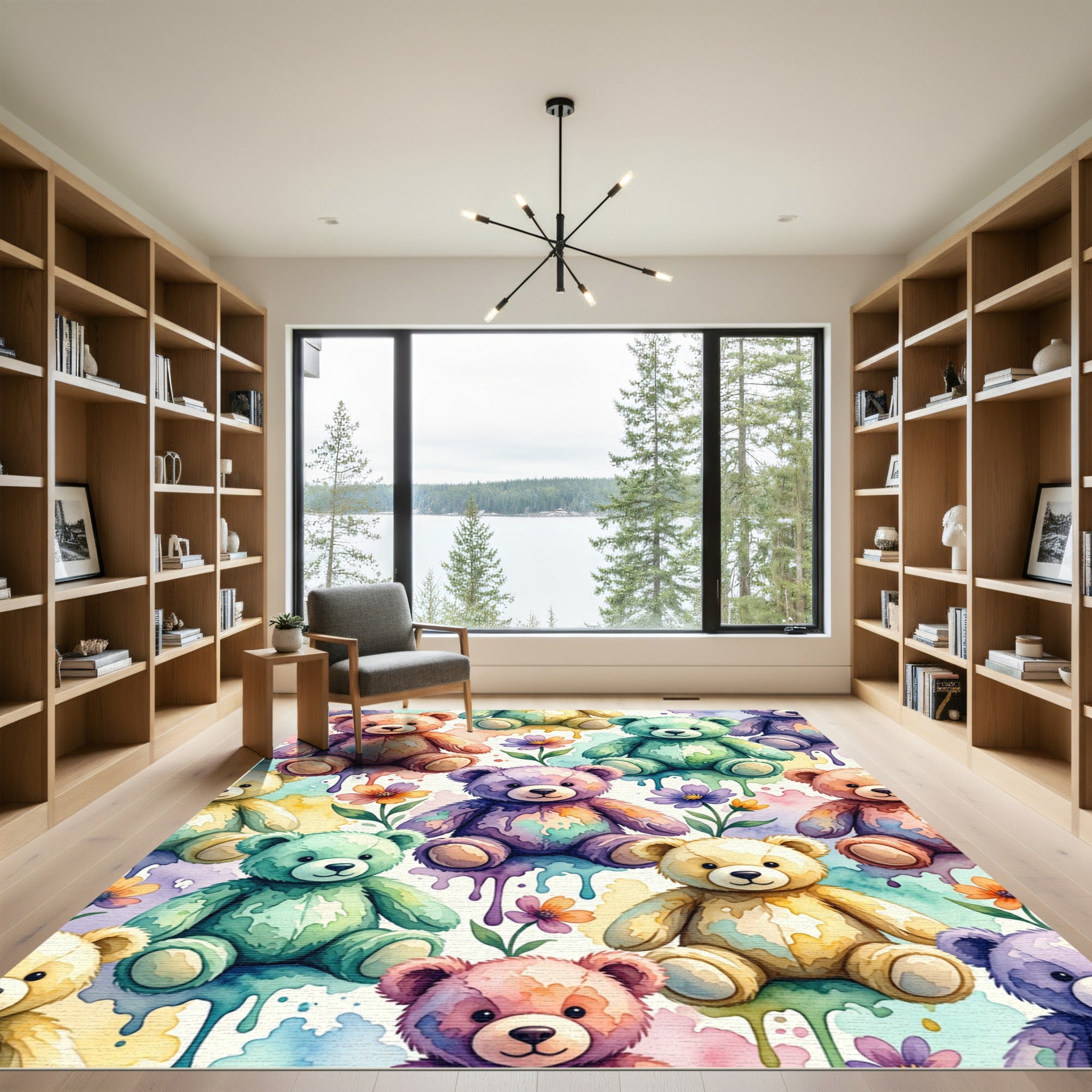 Watercolor Teddy Bear and Flower Field Rug