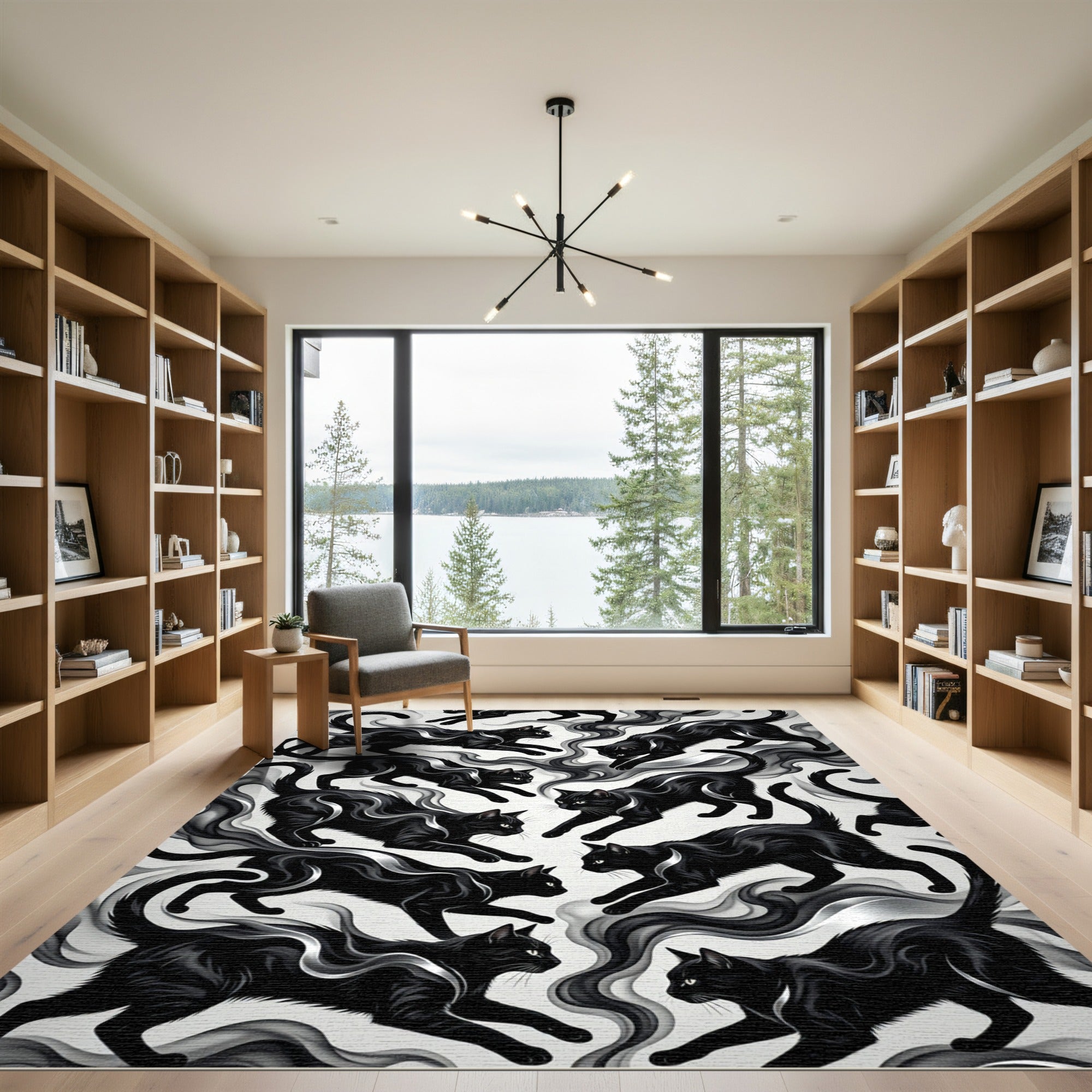 Black Cats Smoke Swirls Rug