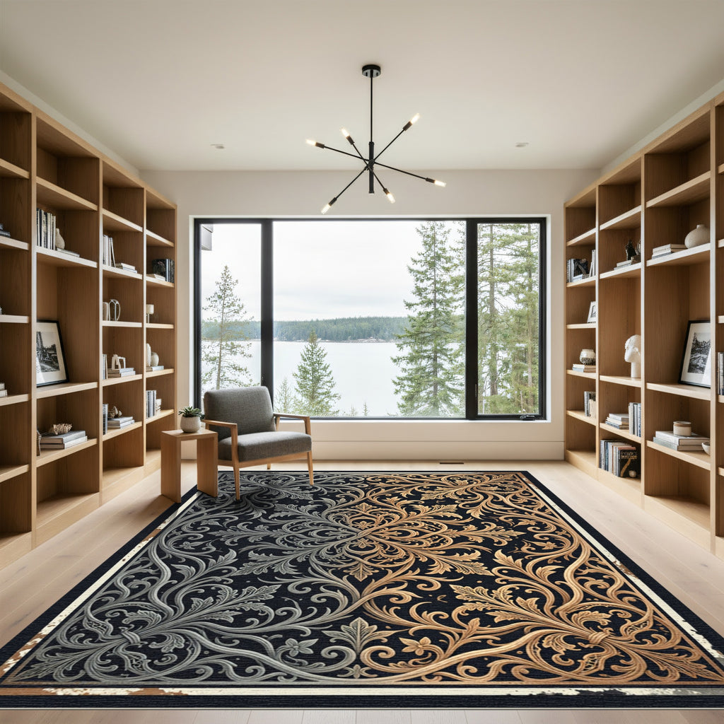 Elegant Silver and Gold Filigree Medallion Rug